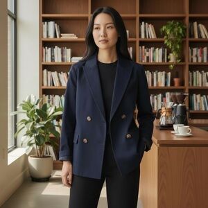 Jones New York Signature Open Front Navy Double Breasted Stretch Cotton Blazer